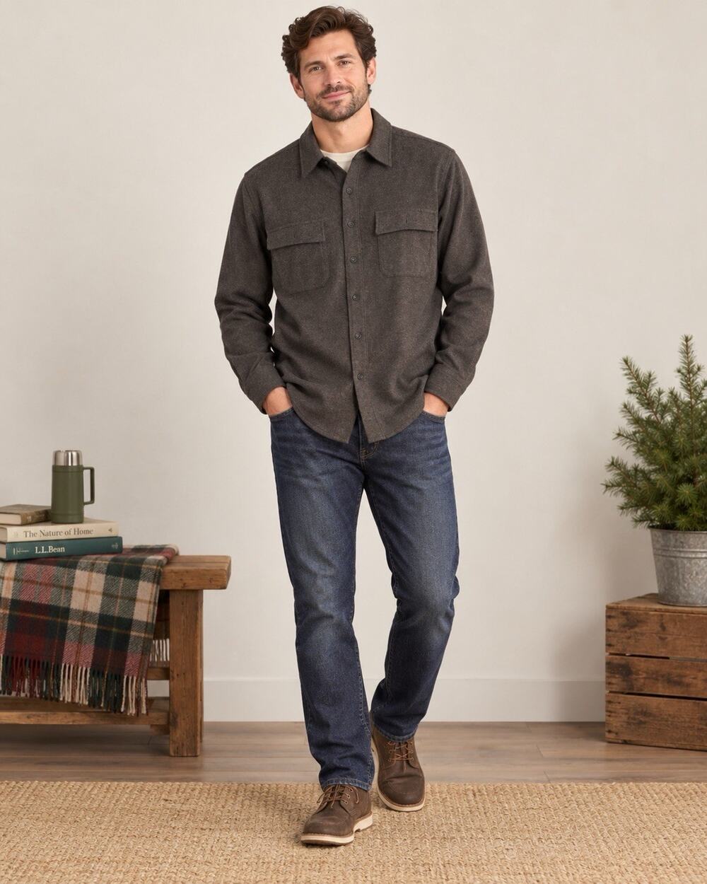 L.L. Bean Men's Long Sleeve Shirt Size Large, 100% Cotton, Gray Chamois flannel